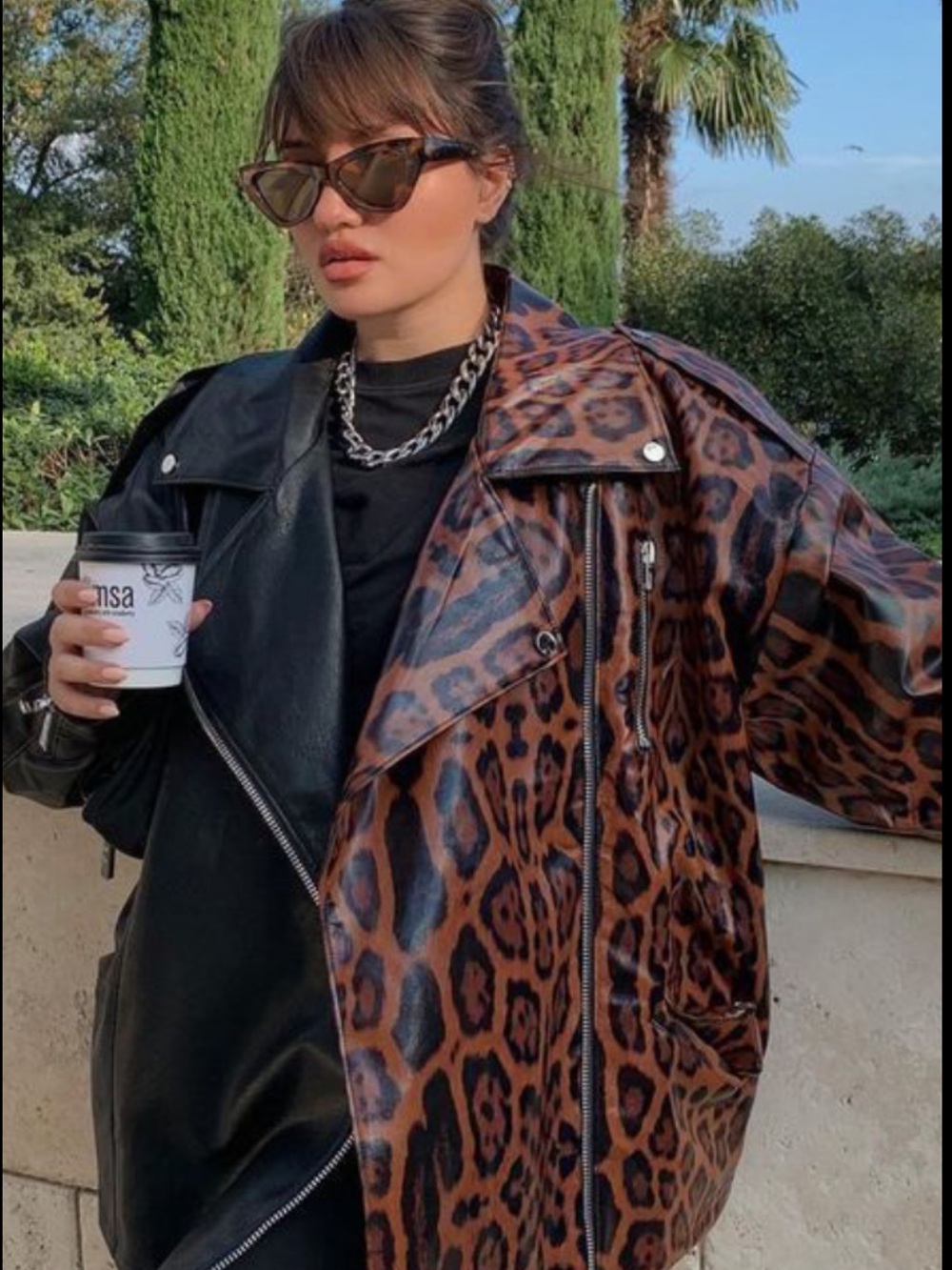 Fashion Nova Two-Tone Leopard Faux Leather Moto Jacket - Black & Brown